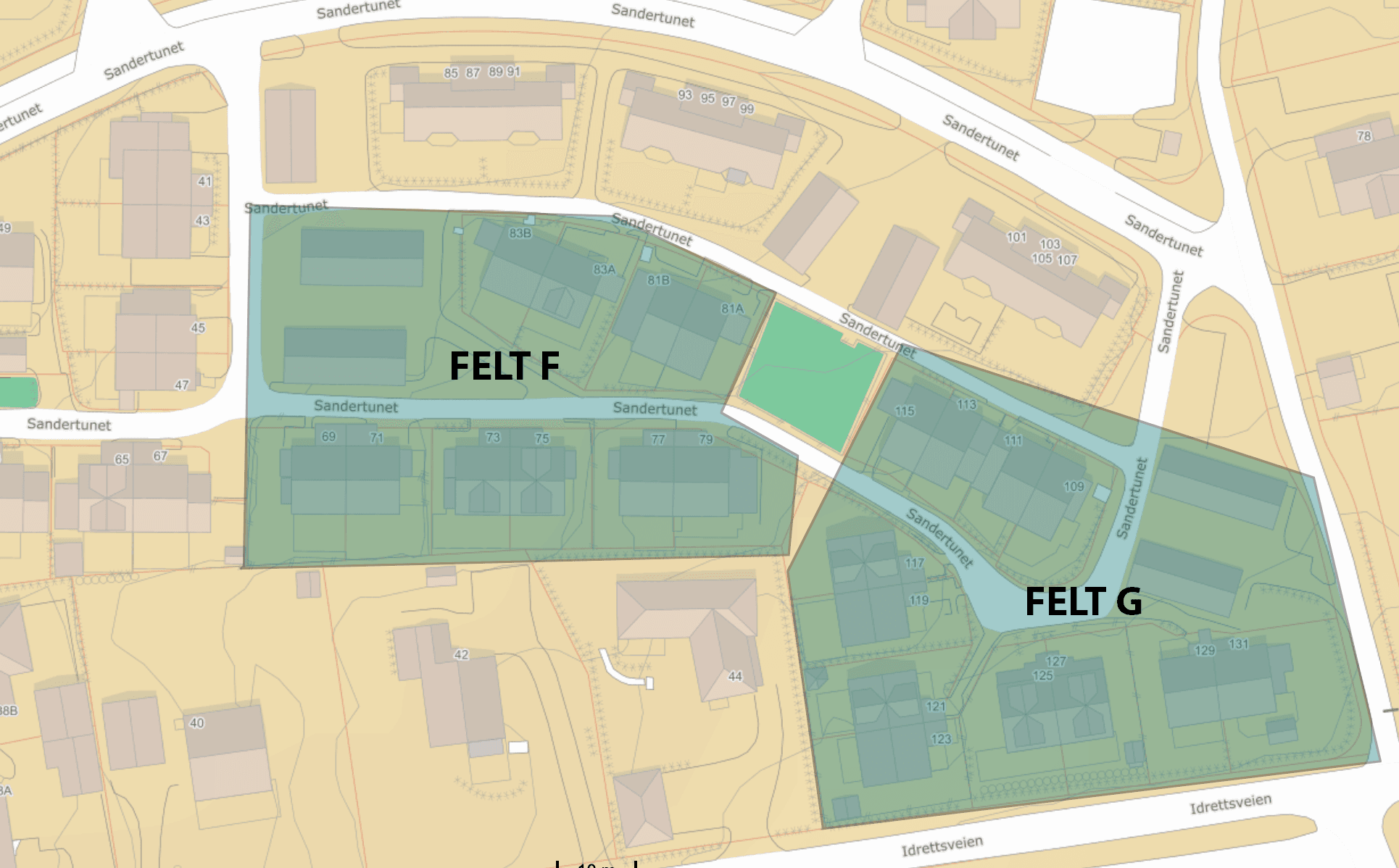 Oversiktskart over Sandertunet felt F og G med husnumre og garasjer